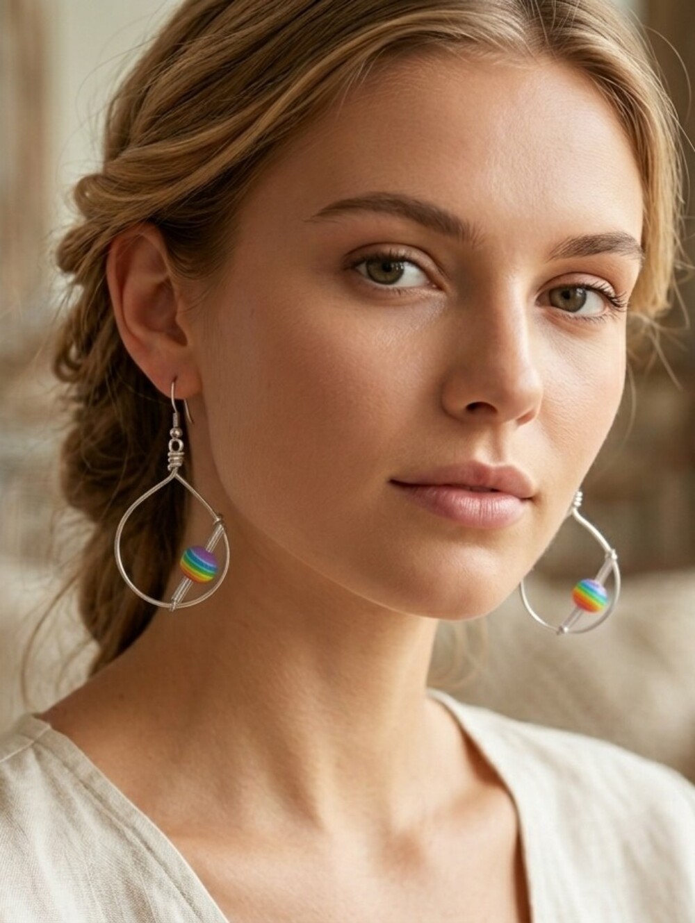 Handcrafted Hammered Cage Drop Earrings With Rainbow Beads